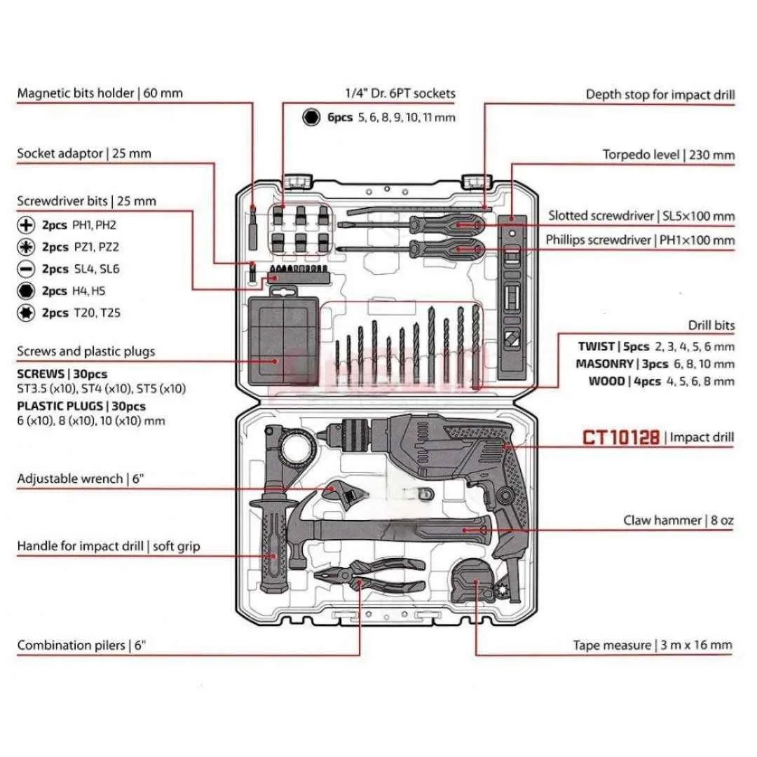 Perceuse 600W avec valise outils 98pcs CROWN CT10128