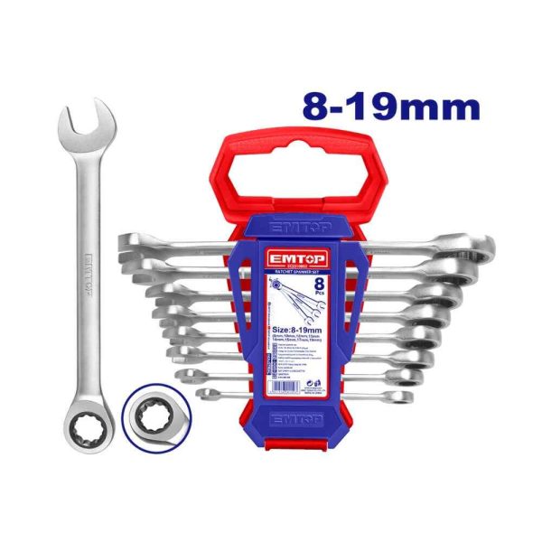 Jeu clés mixtes à cliquet 8pcs 8-19mm EMTOP  ECSS10802